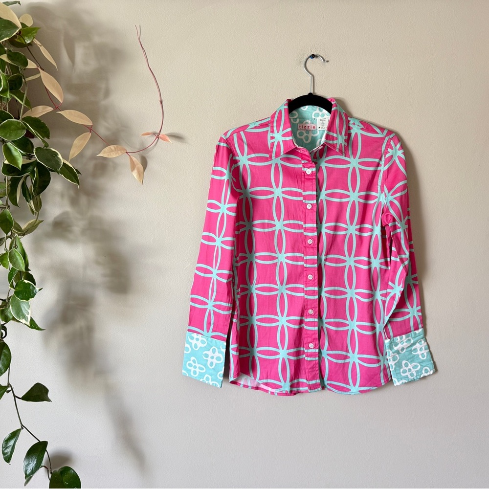 Tizzie geometric print long sleeve shirt pink turquoise S